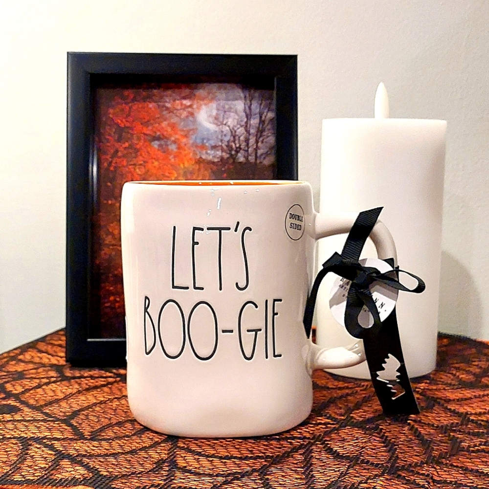 Rae Dunn "LET'S BOO-GIE" Double Sided Dancing Skeleton Glossy Finish Mug NWT